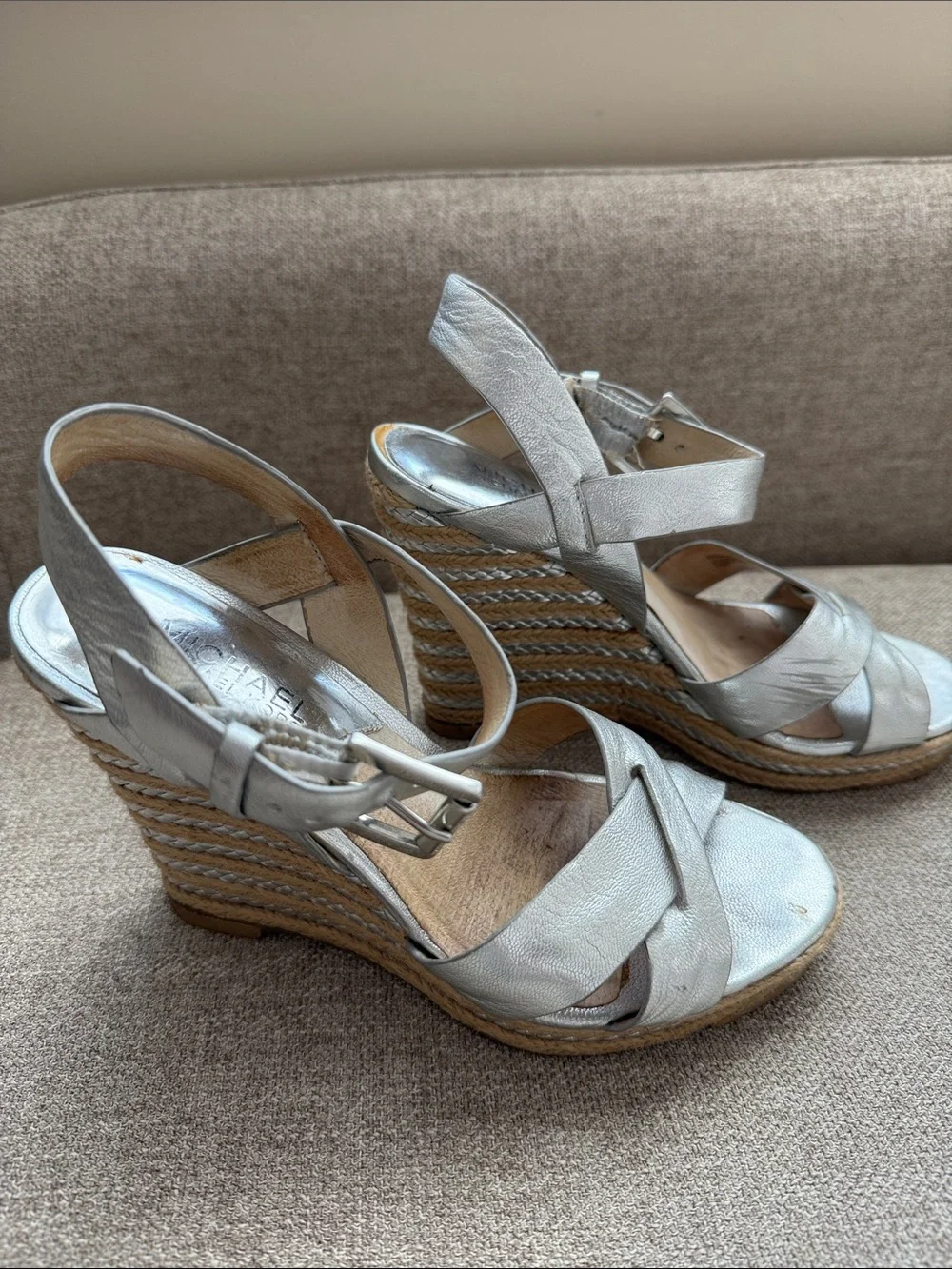 Michael Kors Metallic Silver Leather Espadrille Wedges